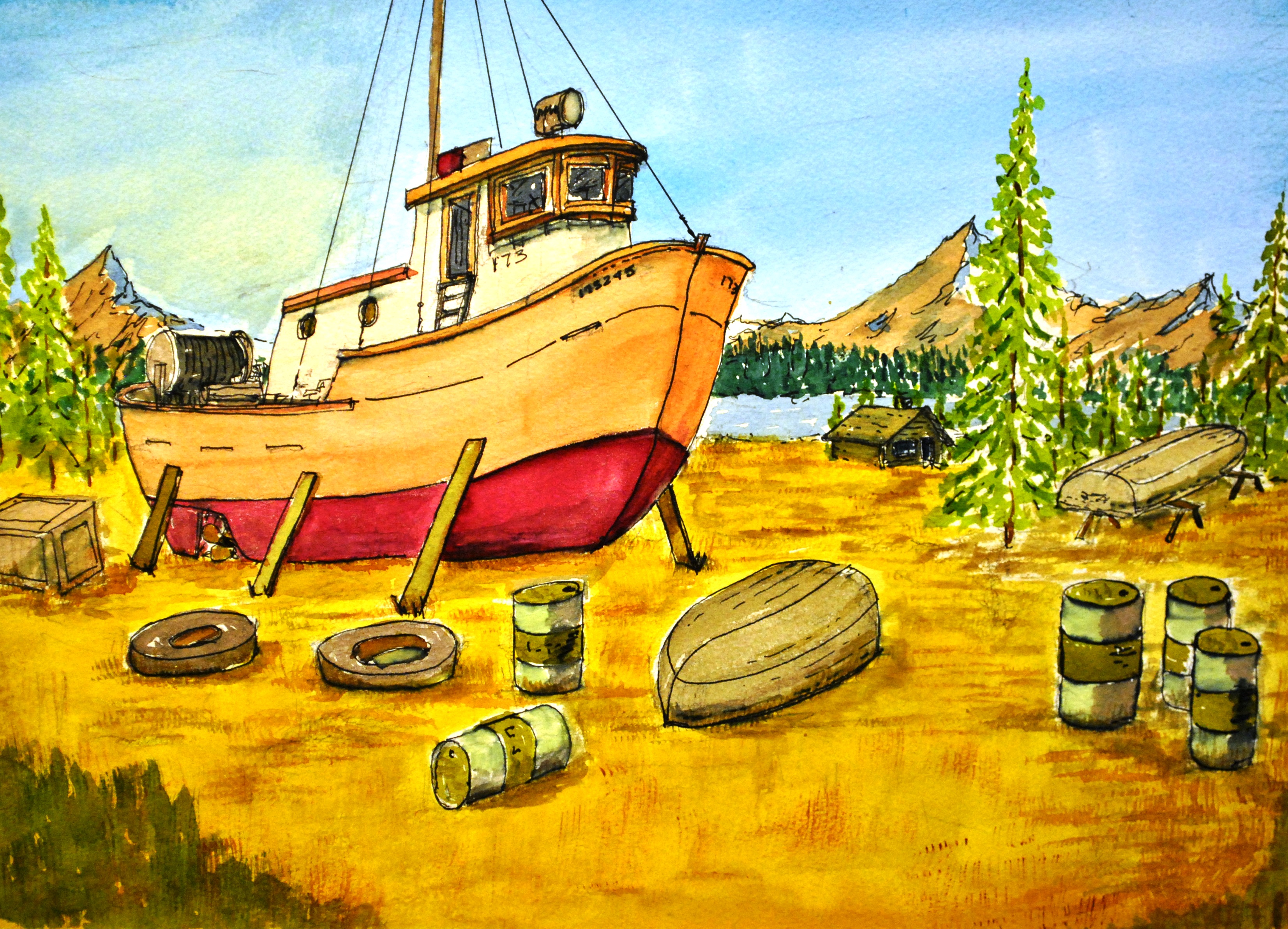 Watercolor of an orange and red fishing boat on dry land surrounded by pine trees, mountains, and scattered equipment